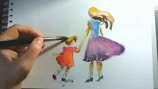 Mother's Day drawing in Watercolor - How to paint mother and child in watercolor