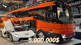 5,000,000$ LUXURY Motor Home + La Ferrari Hypercar GARAGE TOUR! Roof Terrace Motorcoach RV Interior