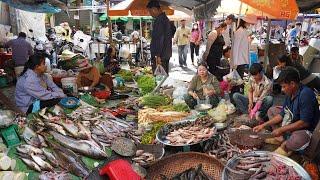 Cambodian Food Market Scene - Plenty Fresh Corn, Fruit, Fish, Pork, Beef & More Food In Market