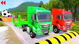 Double Flatbed Trailer Truck Vs Speedbumps Train Vs Cars Beamng.drive In Reverse!  #370