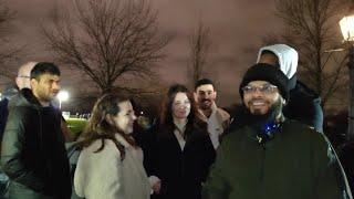 Hindu man boasting in front of the ladies, challenged by a Muslim! Hashim Speakers Corner