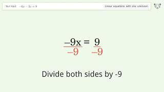 Solve -6x-3x=9: Linear Equation Video Solution | Tiger Algebra