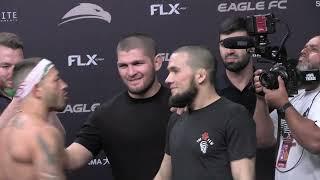 Khabib Nurmagomedov laughs & smiles during heated Irwin Rivera-Firdavs Khasanov faceoff Eagle FC 46