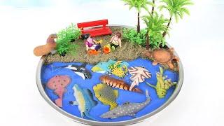 Learn Names of Sea Animals For kids DIY Mini Beach Ocean sand Sea Animals with Dolphin Shark Lobster