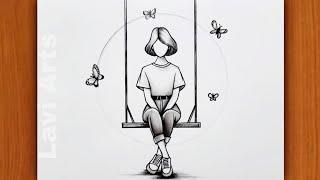 How To Draw a Girl in Swing with Butterflies | Easy Girl drawing Video | Pencil drawing|rasm chizish