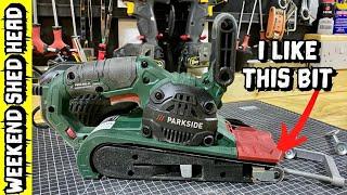 Parkside belt sander PBSD 900 A1 unboxing and trial run