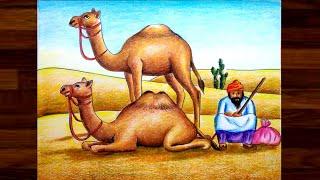 Desert scenery drawing with camel step by step / Camel scenery drawing easy