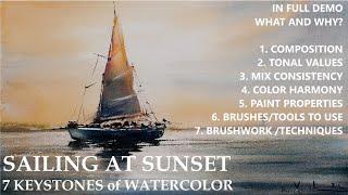 LOOSE WATERCOLOR PAINTING SEASCAPE BOAT ON THE SEA AT SUNSET