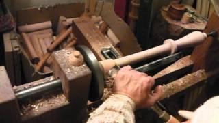 Treadle turning a Belaying Pin on the Joseph Moxon C17th wood lathe