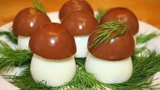 Mushroom formed from boiled egg recipe. Funny food for children or party