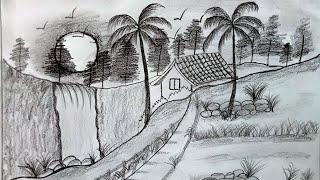 Scenery drawing sketch || Draw easy for beginners || Scenery drawing with pencil.