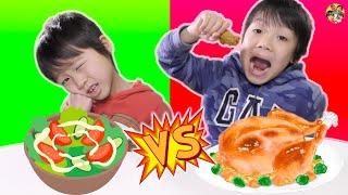 【お肉vs野菜】学校ごっこ 体に良い食べ物はどっち？仲良く食べる方法を探そう！Learn to Share Food Vegetables and Fried Chicken for Kids