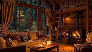 Soft Jazz & Crackling Fireplace in Cozy Cabin Ambience ️ Relaxing Jazz in Rainy Days