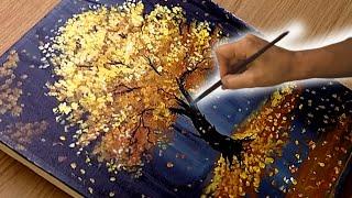 How to Paint a Tree in Autumn Landscape / Acrylic Painting w/ Cotton Swab step by step