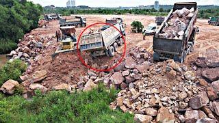 Recovery a Truck Fail Loading With Komatsu Bulldozer Pushing Stones Filling Make More Space