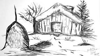 Desen in creion/carbune cabana la munte | Pencil drawing of a wood cabin in the mountain