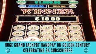 HUGE GRAND JACKPOT HANDPAY ON GOLDEN CENTURY SLOT - CELEBRATING 3K SUBSCRIBERS - SunFlower Slots