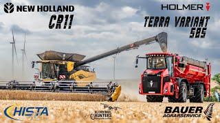 Bauer Agrarservice mit dem Holmer Terra Variant und Überlademulde. NewHolland CR11 & 9.90