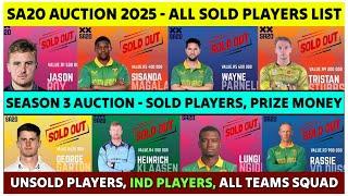 SA20 League 2025 Auction Season 3 - All Sold Out Players, Unsold Players, Teams, Indian Players