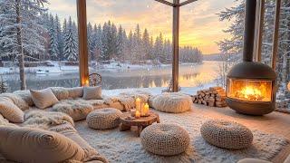 4K Fireplace Evening Jazz | Warm Balcony by the Lake with Soothing Jazz and Snowy Vibes