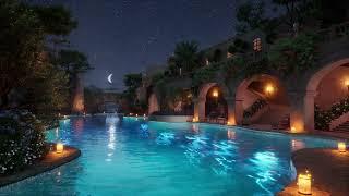 Enchanting Night at an Ancient Luxurious Poolside Retreat - Gentle Waves, Crickets Sound for sleep