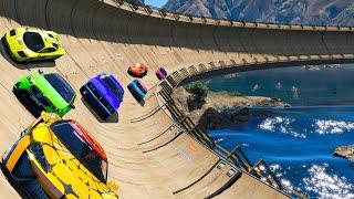 Oval track racing on a Ramp Spiderman Cars and GTA V car mods Superheroes challenge