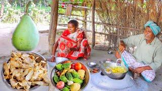 santali tribe old couple cooking DRY FISH LAUKI recipe and karela vorta for their lunch