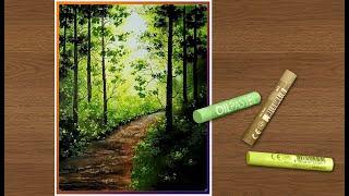 How To Draw using Oil Pastels: Easy Morning Forest Scenery Drawing