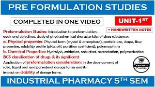 preformulation studies (complete) || Unit 1 || industrial pharmacy 5th semester || Carewell Pharma