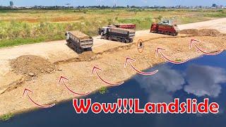 Wow!!!Land Sink! Slide Down Again Repaire Back with Trucks & Komatsu D53d Dozers Pushing Soil