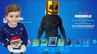 Surprising My 8 Year Old Kid With NEW Fortnite Skins And FREE V-Bucks - Unlocking Marshmello Skin