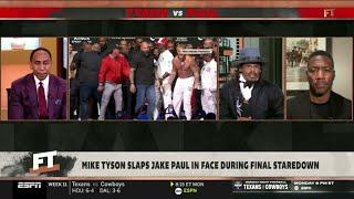 FIRST TAKE | Stephen A. & Newton react to Mike Tyson slaps Jake Paul in face during finals staredown