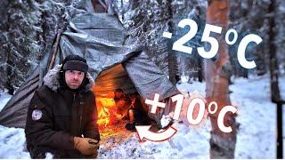 Shelter with fire for EXTREME cold - Lapland Survival⎜Shelter in the snow, building a tepee, yurt...