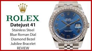 ▶Rolex Datejust 41 Stainless Steel Blue Roman Dial Diamond Bezel Jubilee Bracelet - REVIEW 126300