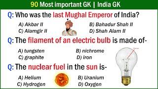 90 Most important GK | India GK Questions and Answers in English | Multiple Choice Questions