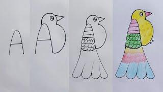 How to draw a bird from letter A | Using letter A easy drawing for school