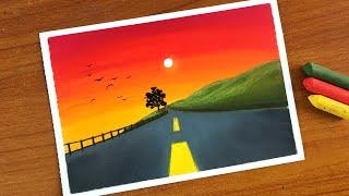 Easy Oil Pastel Sunset Road Landscape Painting for beginners | Oil Pastel Drawing