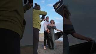 Behind the scenes of a beach maternity photoshoot using one light at golden hour.