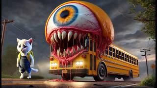 The kitten encountered a mutated school bus monster on its way to school! #ai #story #catshorts