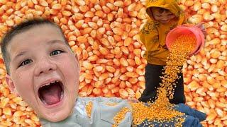 BURiED in CORN!! Caleb Goes to the Pumpkin Patch with friends! A family Halloween Tradition.