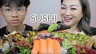 SUSHI Mukbang with Nico *Temaki Cone, Salmon Sashimi, Specialty Rolls | N.E Let's Eat