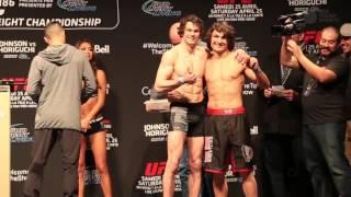 Olivier Aubin-Mercier brings cookies to David Michaud, Dana White at UFC 186 weigh-ins