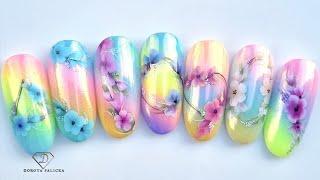 Gel polish ombre with Aurora chrome and flowers. New Nail Art Ideas 2025