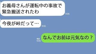 【LINE】夫の車で事故を起こした義母が緊急搬送。私「今夜が峠だって」夫「なんでお前は元気なの？」私「は？」【総集編】
