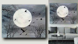 Moonlight night acrylic painting on canvas for beginners | Black and white Art