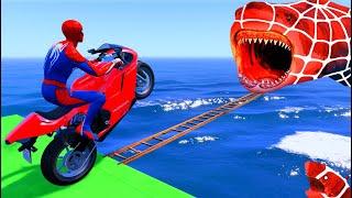 الأبطال الخارقين على القضبان دوامة قمع جسر SPIDER MAN!on Motorcycle in Spiral Bridge Stunt Ride‍