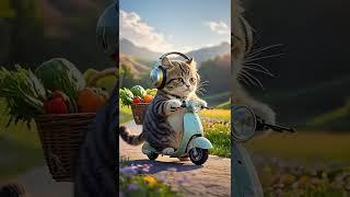 A fat cat is coming back from grocery shopping by bike