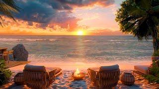 Calming Ocean Waves and Cracking Fire Sounds For Healing Soul  Summer Sunset Beach Ambience