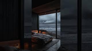 Rain & Waves Bliss: Cozy Bed, Shoreline Calm, and a Relaxing Screen #cozybedroom #rainyday #seaside