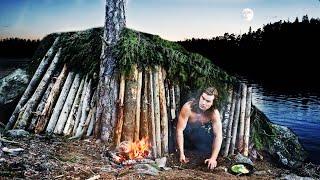 Building a Primitive LOG SHELTER: 3 Day Island Survival Camping